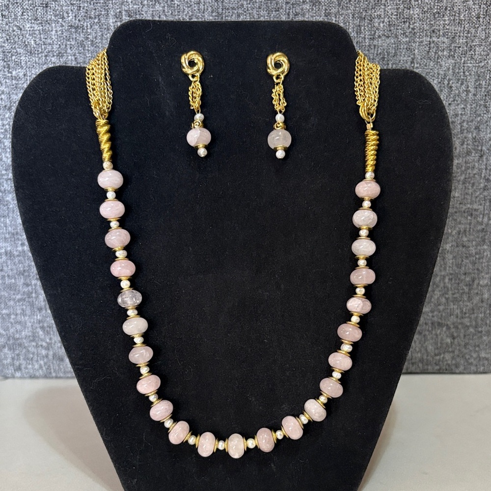 Gold and Pink Beaded Necklace and Earring Set